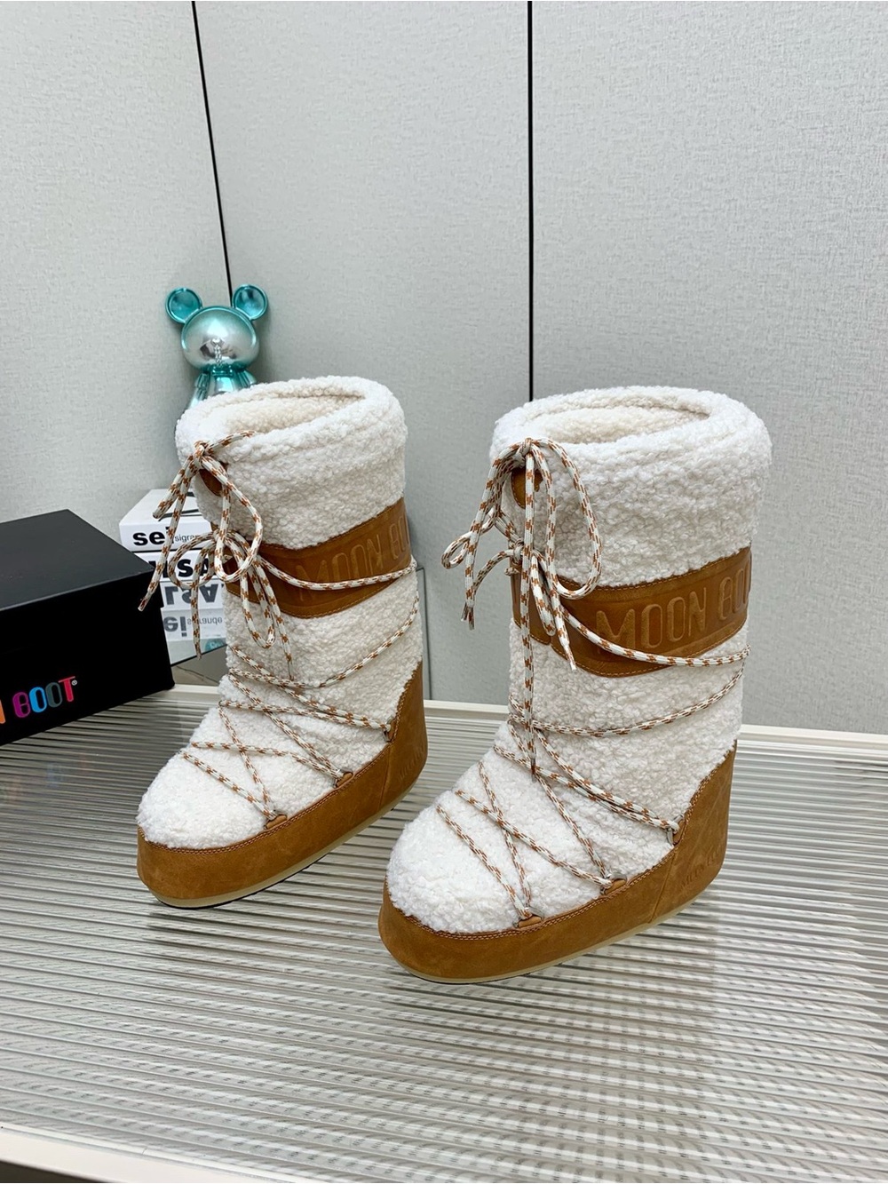 Moon Boot Women's Cream Sherpa Winter Boots with Tan Suede Trim (no box)